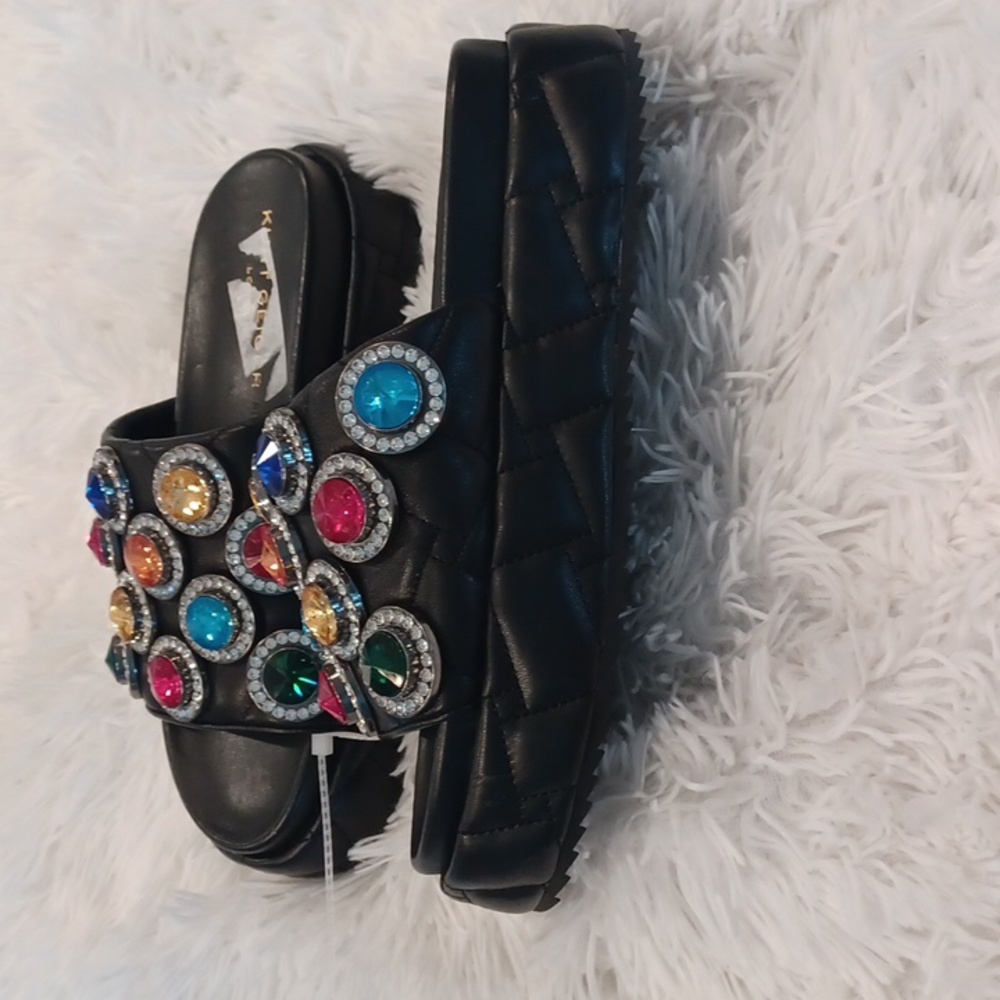 Kurt Geiger Rainbow Rhinestone Gem Crystal Leather Quilted Slip On Sandal New - Picture 3 of 15